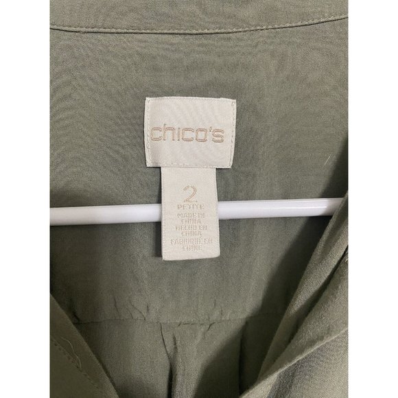Chico's 100% Rayon PETITE Size 2 Green Roll Tab Sleeve Button Up Top Tunic - Picture 3 of 7